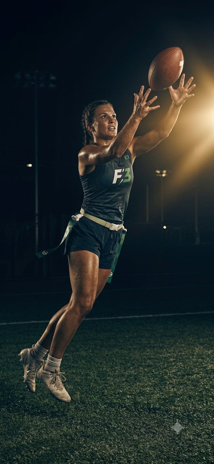 F3 Flag athlete in an F3 jersey leaping to make a catch under the stadium lights