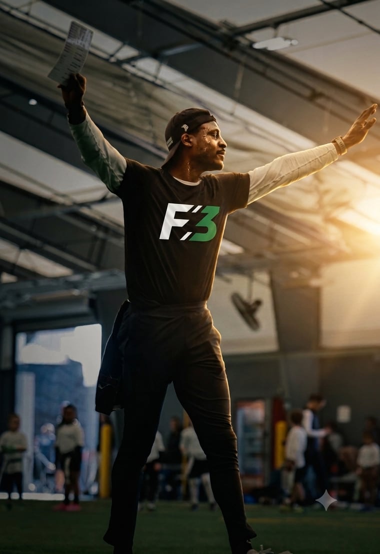 Coach Morris Claiborne in an F3 shirt on the field